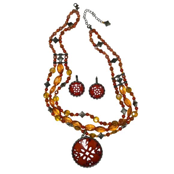 Vintage Avon Orange Red Laser Cut Pendant Necklace & Earrings - Picture 1 of 10